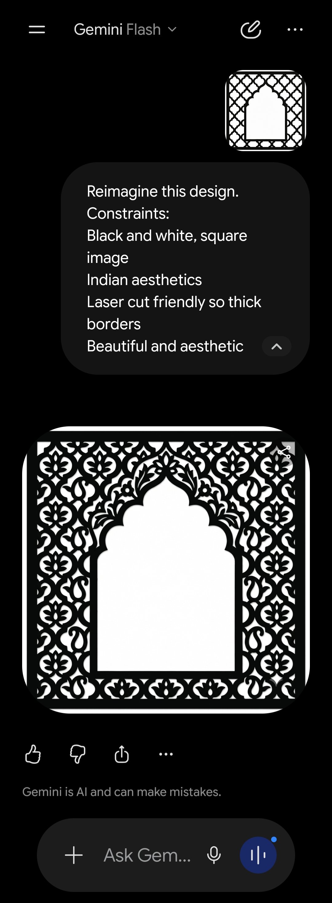 Gemini’s black-and-white jharokha design, generated from a one-line prompt