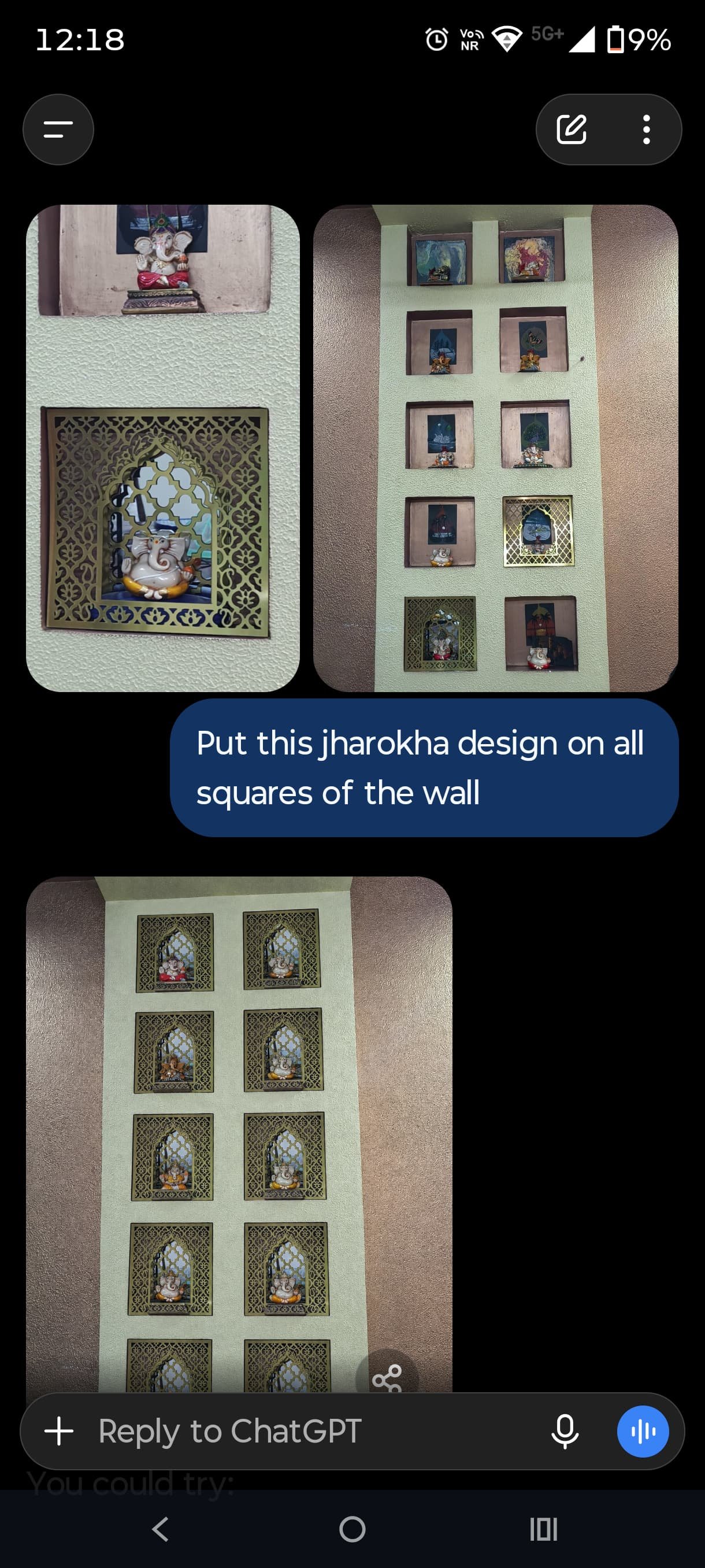 The reference jharokha design applied to all ten squares of the wall, lit in dramatic gold